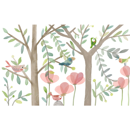 Carta da parati panoramica per bambini - Alberi Uccelli