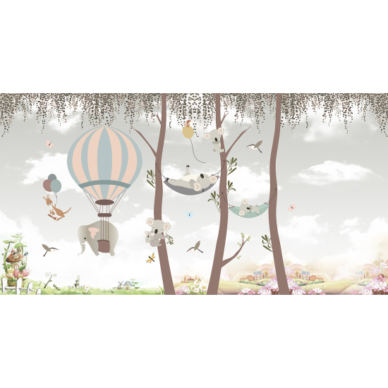 Carta da parati panoramica per bambini - Animali Mongolfiera