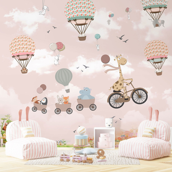Carta da parati panoramica per bambini - Animali Mongolfiere
