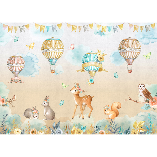 Carta da parati panoramica per bambini - Animali Mongolfiere