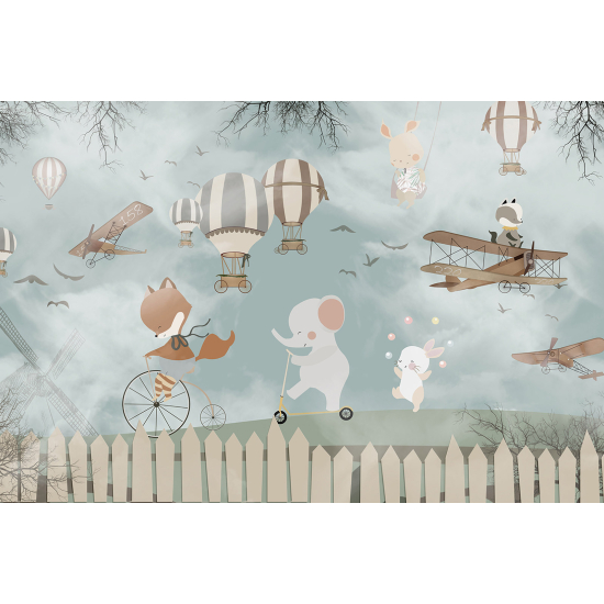 Carta da parati panoramica per bambini - Animali Mongolfiere