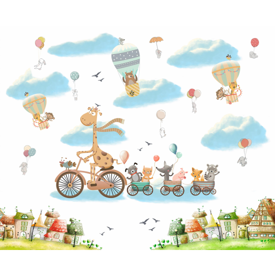 Carta da parati panoramica per bambini - Animali Mongolfiere