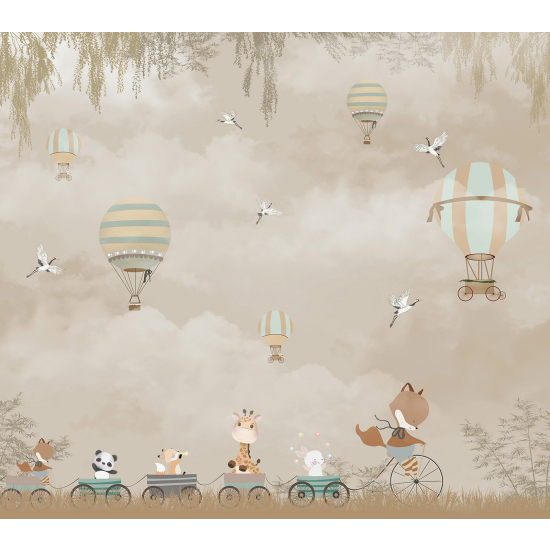 Carta da parati panoramica per bambini - Animali Mongolfiere