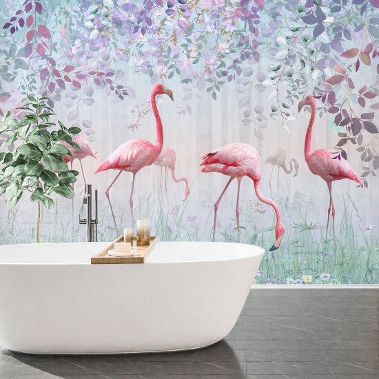 Carta da parati panoramica per bambini - Design fenicotteri rosa
