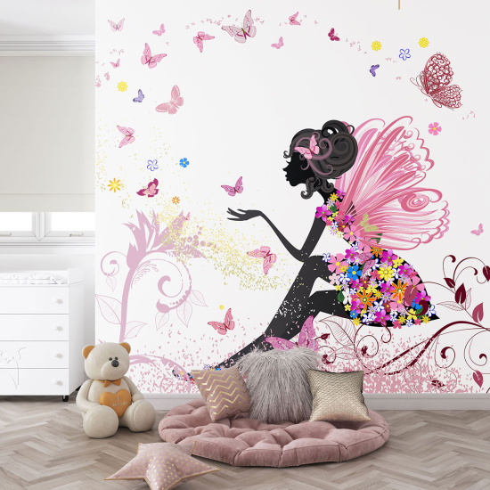 Carta da parati panoramica per bambini - Fata Fiori Farfalle