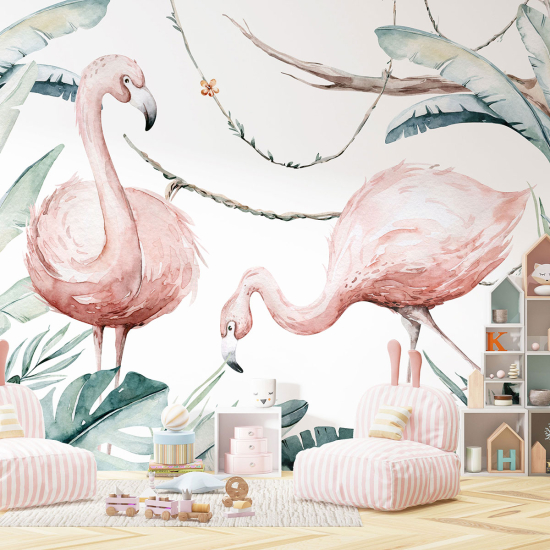 Carta da parati panoramica per bambini - Fenicotteri rosa