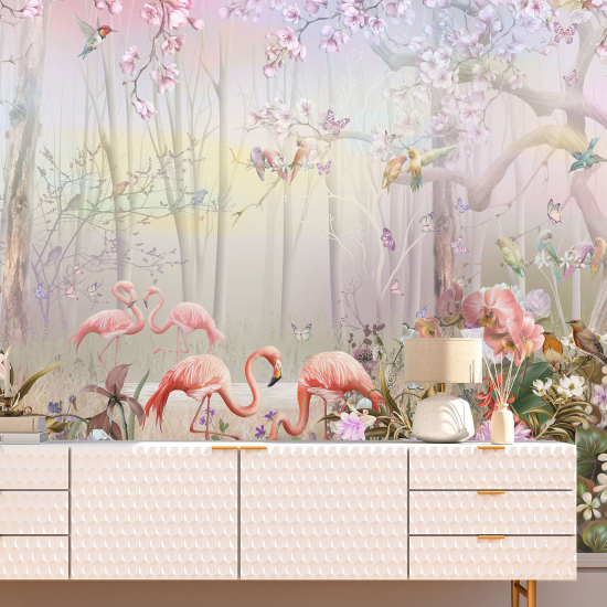 Carta da parati panoramica per bambini - Fenicotteri rosa