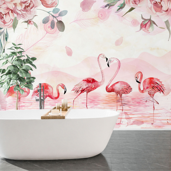Carta da parati panoramica per bambini - Fenicotteri rosa Fiori