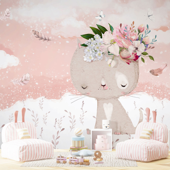 Carta da parati panoramica per bambini - Gatto Fiori