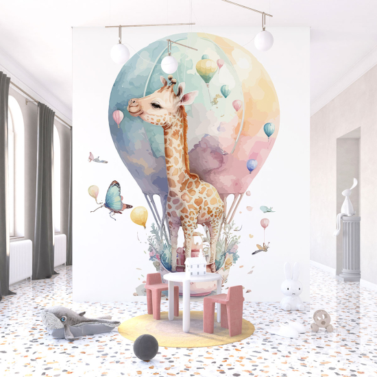 Carta da parati panoramica per bambini - Giraffa Mongolfiera