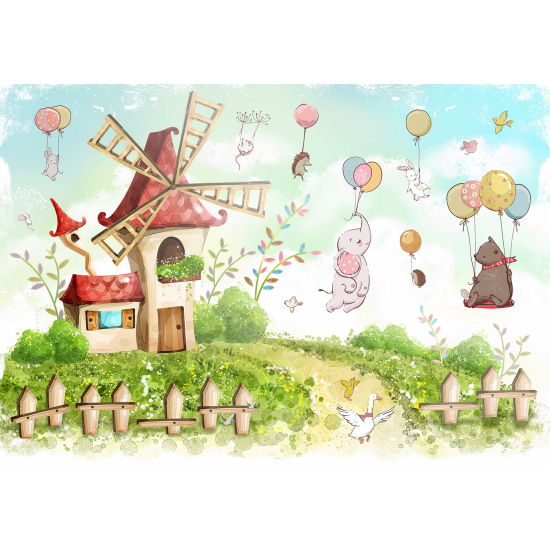 Carta da parati panoramica per bambini - Mulino Animali