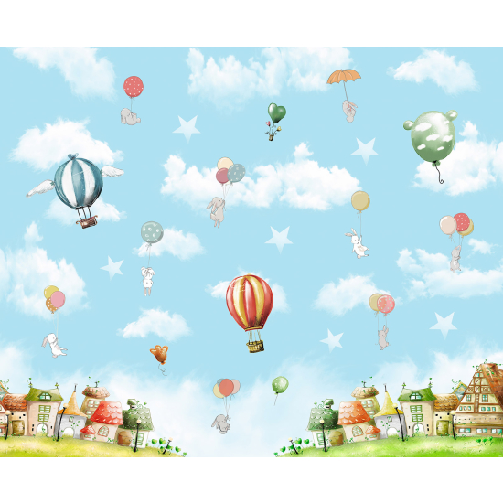 Carta da parati panoramica per bambini - Villaggio Mongolfiere
