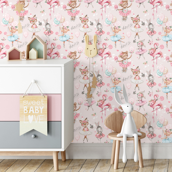 Carta da parati per bambini - Ballerine Fenicotteri Rosa
