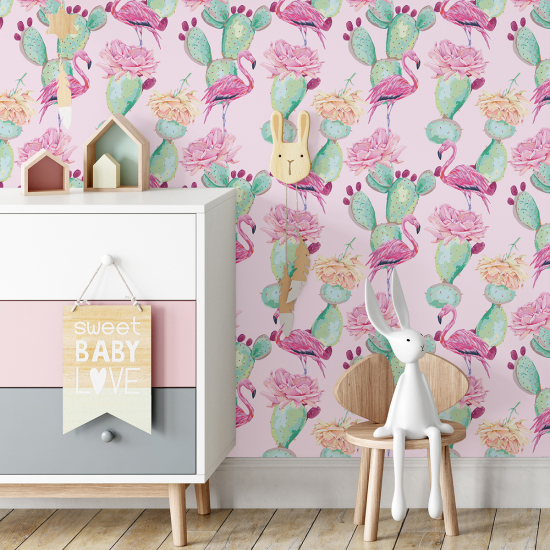 Carta da parati per bambini - Cactus Fenicotteri Rosa
