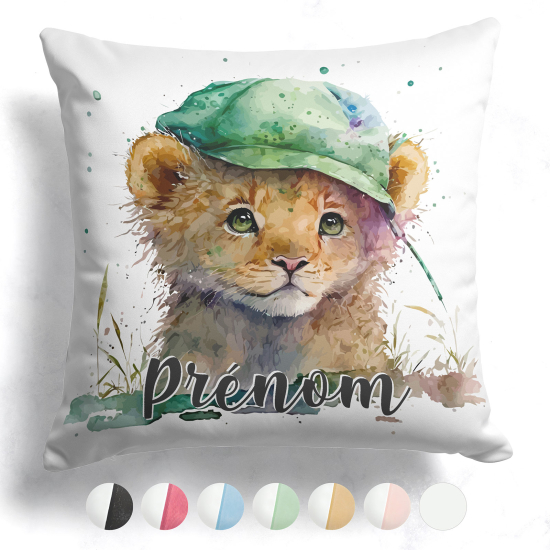 Cuscino bicolore personalizzato - Cucciolo di leone con berretto