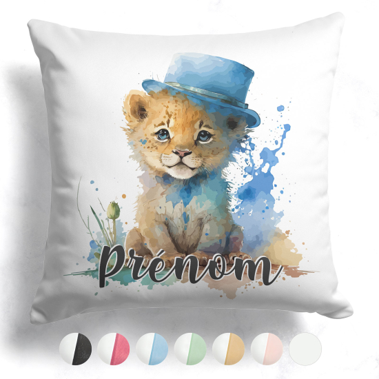 Cuscino bicolore personalizzato - Cucciolo di leone con cappello