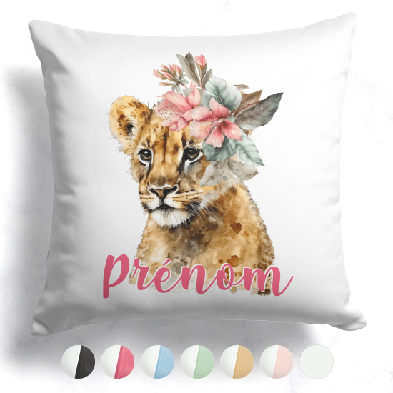 Cuscino bicolore personalizzato - Cucciolo di leone fiori