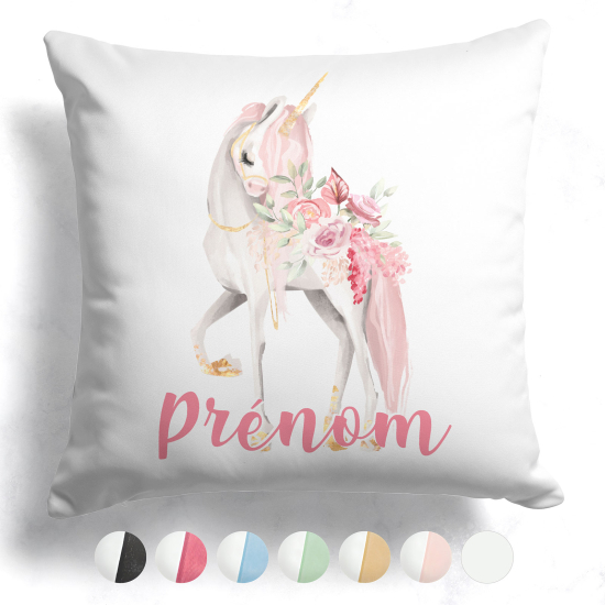 Cuscino bicolore personalizzato - Unicorno fiori