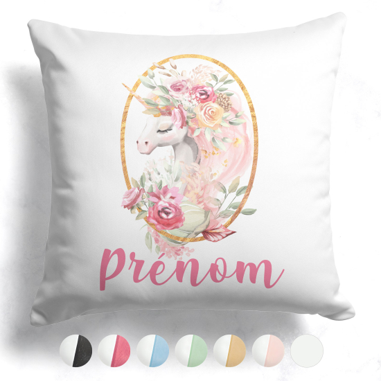 Cuscino bicolore personalizzato - Unicorno fiori