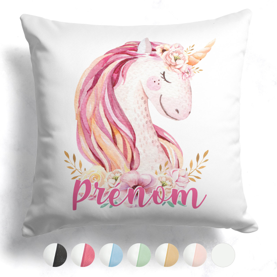 Cuscino bicolore personalizzato - Unicorno fiori