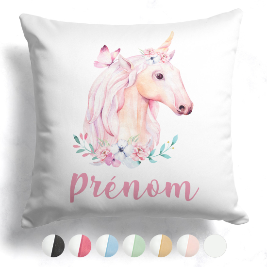 Cuscino bicolore personalizzato - Unicorno fiori