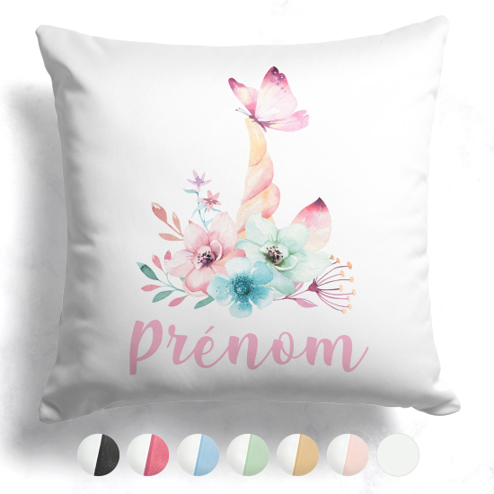 Cuscino bicolore personalizzato - Unicorno fiori