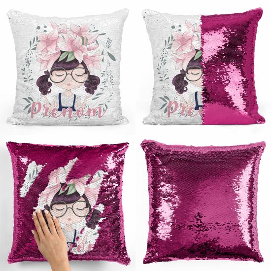Cuscino Paillettes Personalizzato - Bambina con fiori
