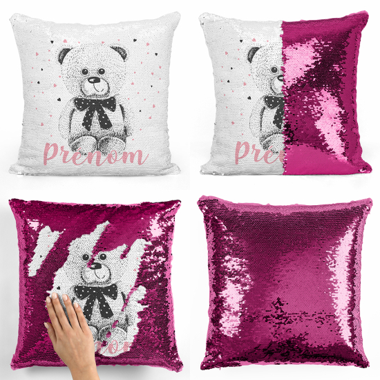 Cuscino Paillettes Personalizzato - Orsetto cuori