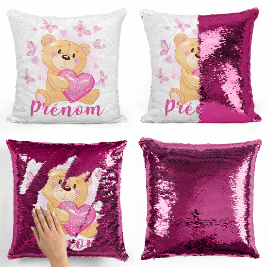 Cuscino Paillettes Personalizzato - Orsetto cuori