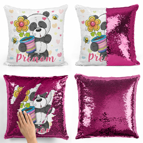 Cuscino Paillettes Personalizzato - Panda con vaso di fiori