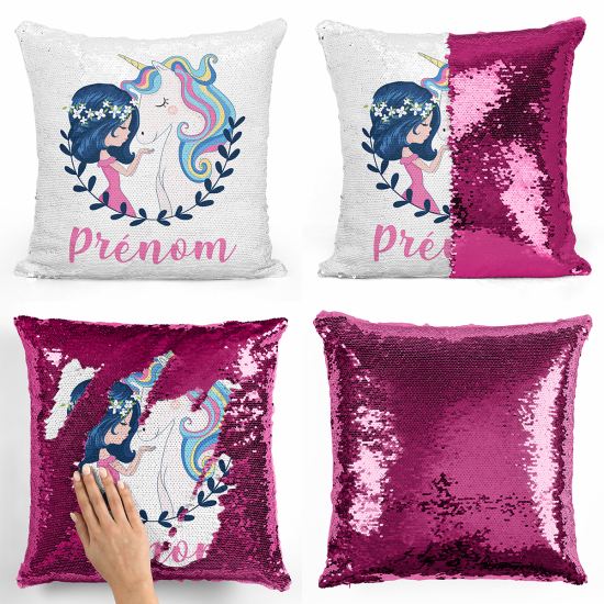 Cuscino Paillettes Personalizzato - Ragazza e unicorno