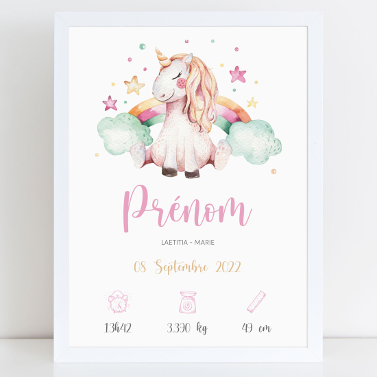 Poster nascita personalizzato - Unicorno arcobaleno