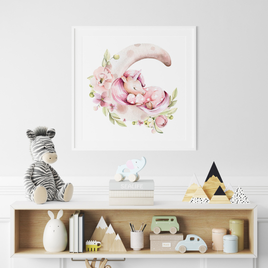 Poster per Bambini - Unicorno fiori luna