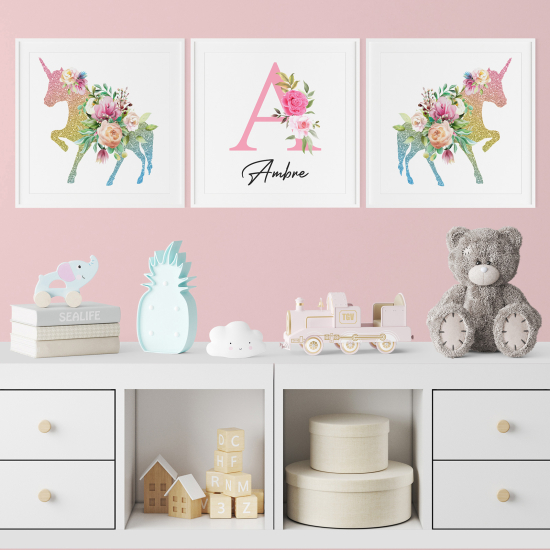 Set di 3 Poster personalizzato per bambini - Unicorni Fiori