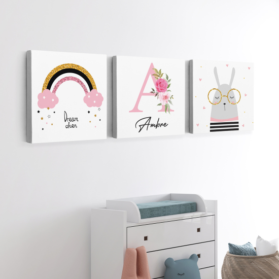 Set di 3 Tele per bambini personalizzate - Arcobaleno Lama