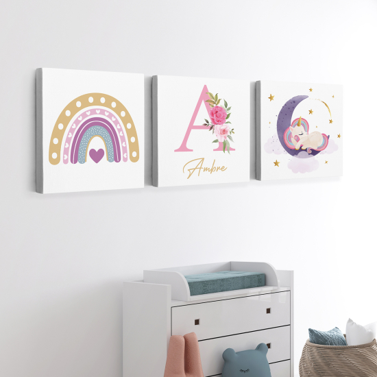 Set di 3 Tele per bambini personalizzate - Arcobaleno Unicorno