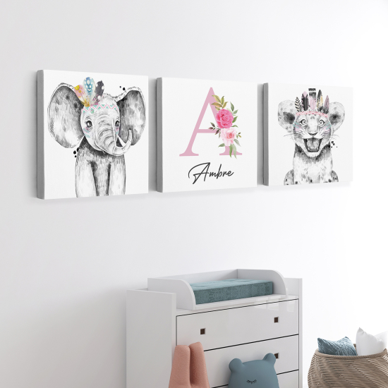 Set di 3 Tele per bambini personalizzate - Elefante tigre