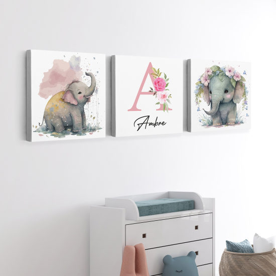 Set di 3 Tele per bambini personalizzate - Elefanti