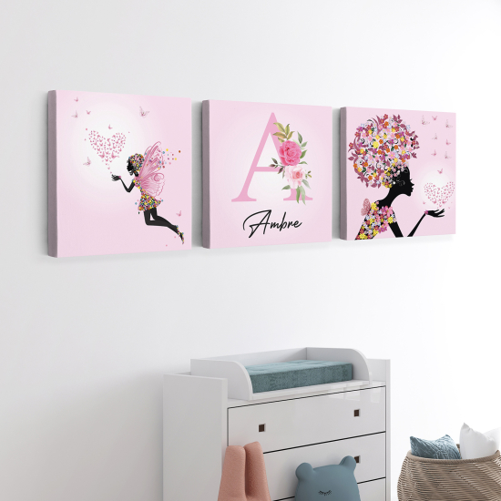 Set di 3 Tele per bambini personalizzate - Fate cuori farfalle