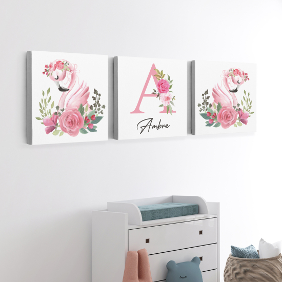 Set di 3 Tele per bambini personalizzate - Fenicotteri rosa