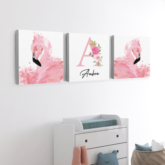 Set di 3 Tele per bambini personalizzate - Fenicotteri Rosa
