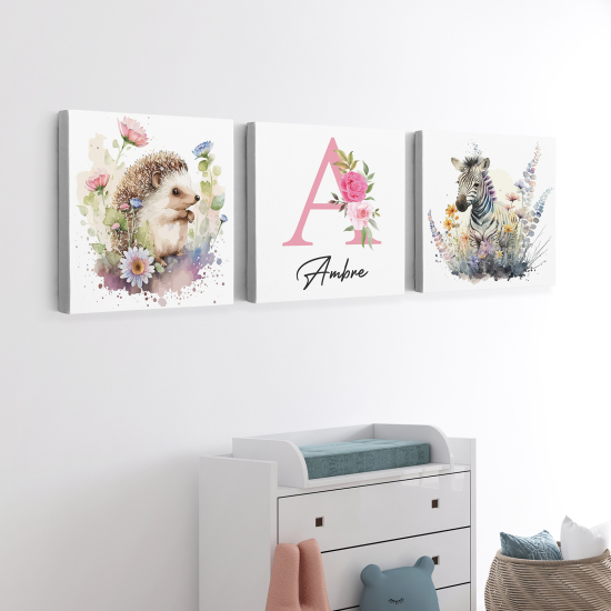 Set di 3 Tele per bambini personalizzate - Riccio zebra
