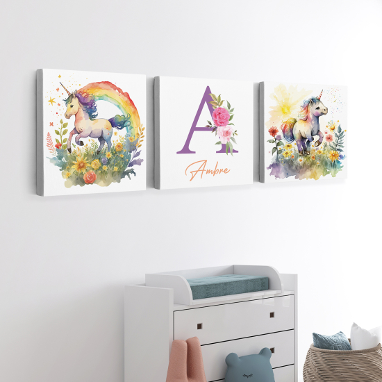 Set di 3 Tele per bambini personalizzate - Unicorni