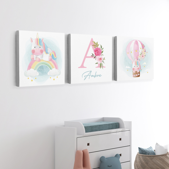 Set di 3 Tele per bambini personalizzate - Unicorni