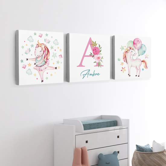 Set di 3 Tele per bambini personalizzate - Unicorni