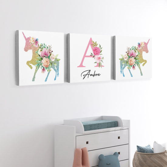 Set di 3 Tele per bambini personalizzate - Unicorni Fiori