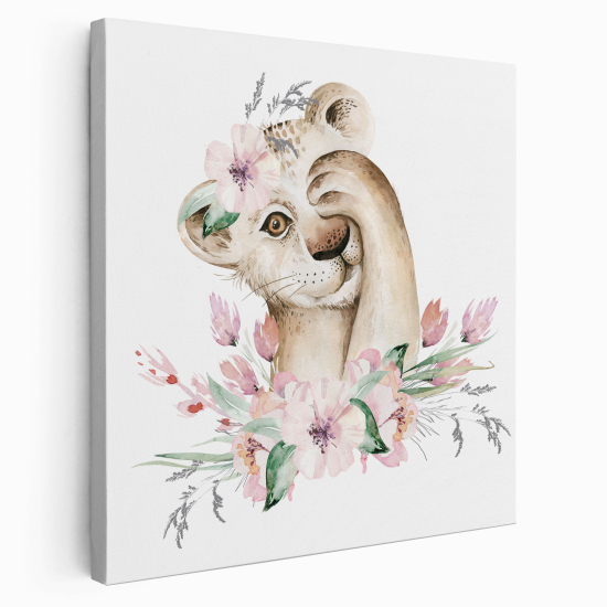 Stampa su tela Quadrata per Bambini - Cucciolo di Leone Fiori