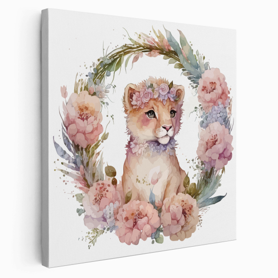 Stampa su tela Quadrata per Bambini - Cucciolo di Leone Fiori