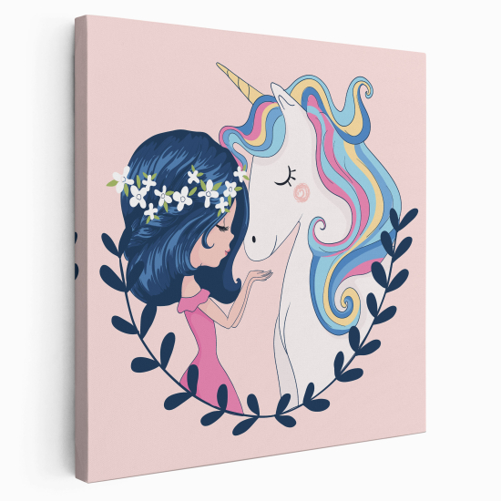 Stampa su tela Quadrata per Bambini - Ragazza e Unicorno