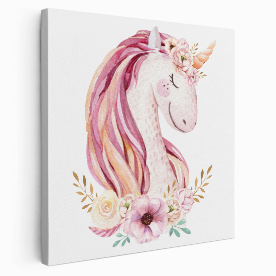 Stampa su tela Quadrata per Bambini - Unicorno Fiori
